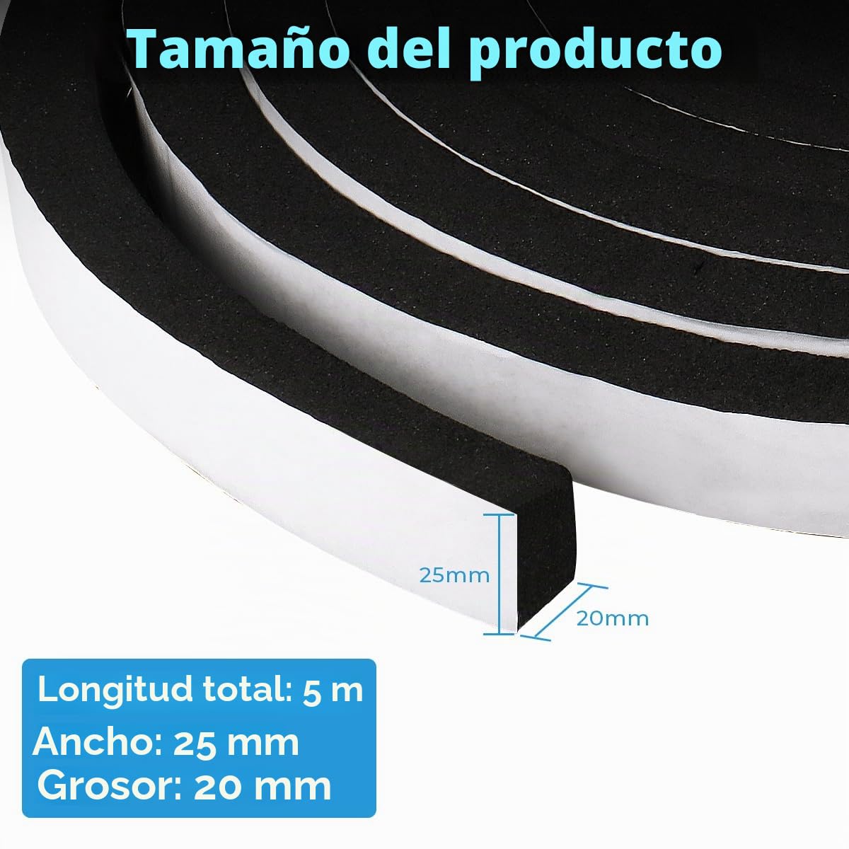 Cinta adhesiva de espuma autoadhesiva 25 mm (ancho) x 20 mm (profundidad), cinta aislante para puertas y ventanas, anticolisión, insonorización, resistente a la intemperie, ongitud total 5 m