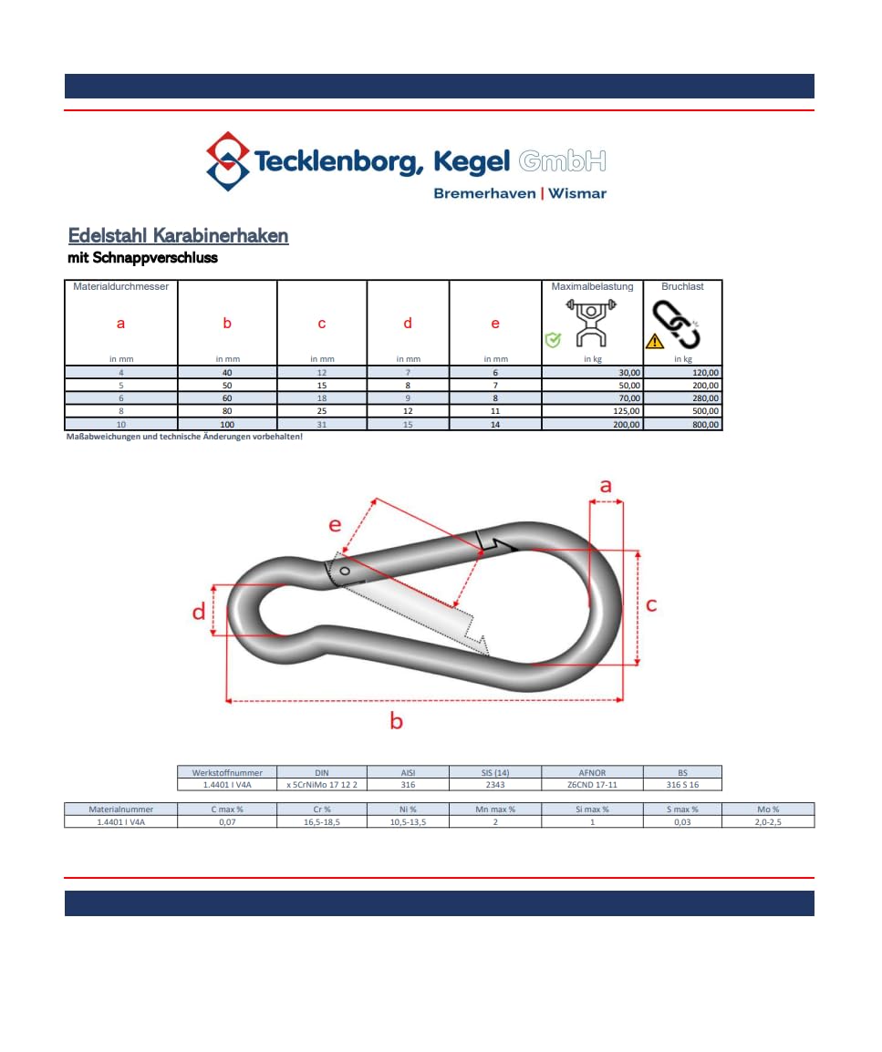 10 x Edelstahl V4A Karabiner Haken, NIRO AISI 316, rostfrei und säurebeständig