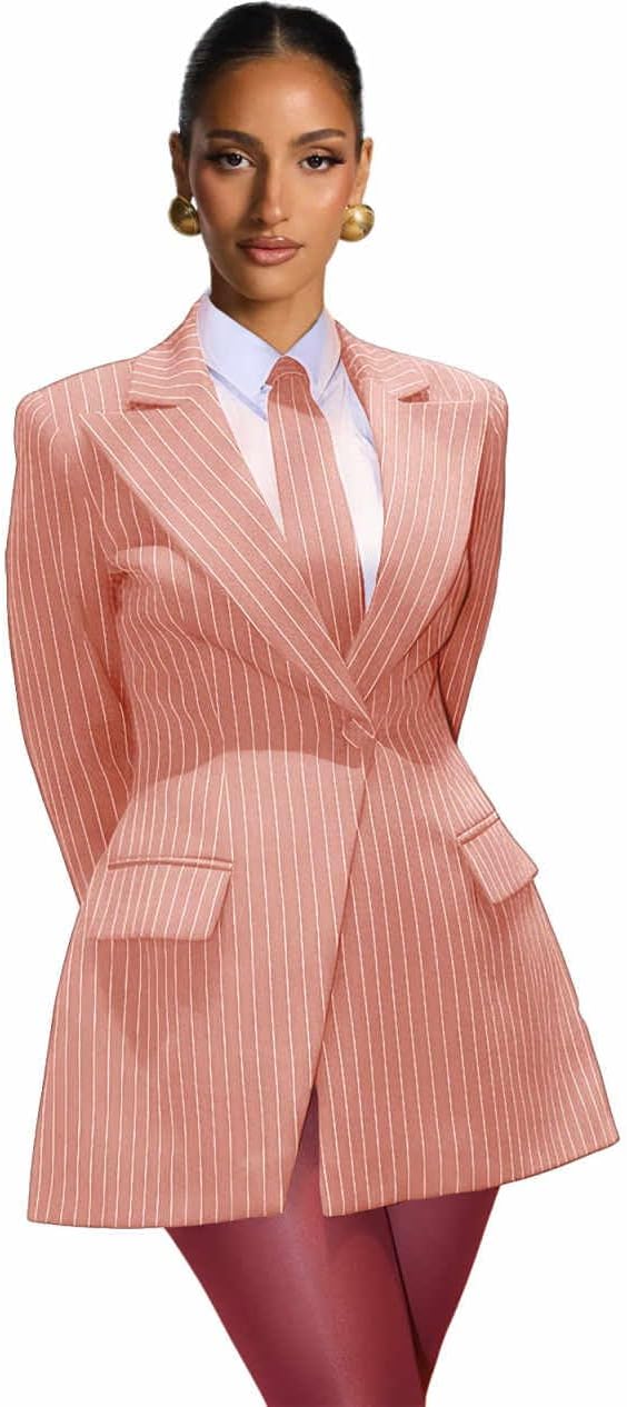 Pinstripe Blazer Dress for Women Sexy Elegant V Neck Bridesmaid Dresses 1 Button Work Office Blazer Jacket with Tie