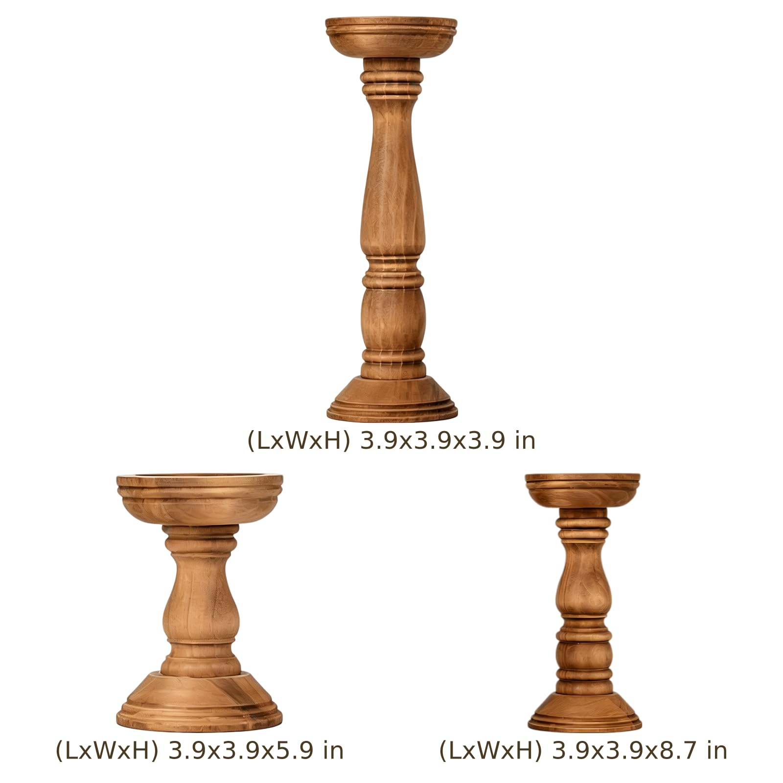 3 STK. Stumpenkerzenhalter-Set, Holzdesign im Landhausstil mit Walnussfinish, in DREI Höhen für Hochzeitsdeko und Kaminsims, dekorativ für Tisch, Regal und Wohnbereich