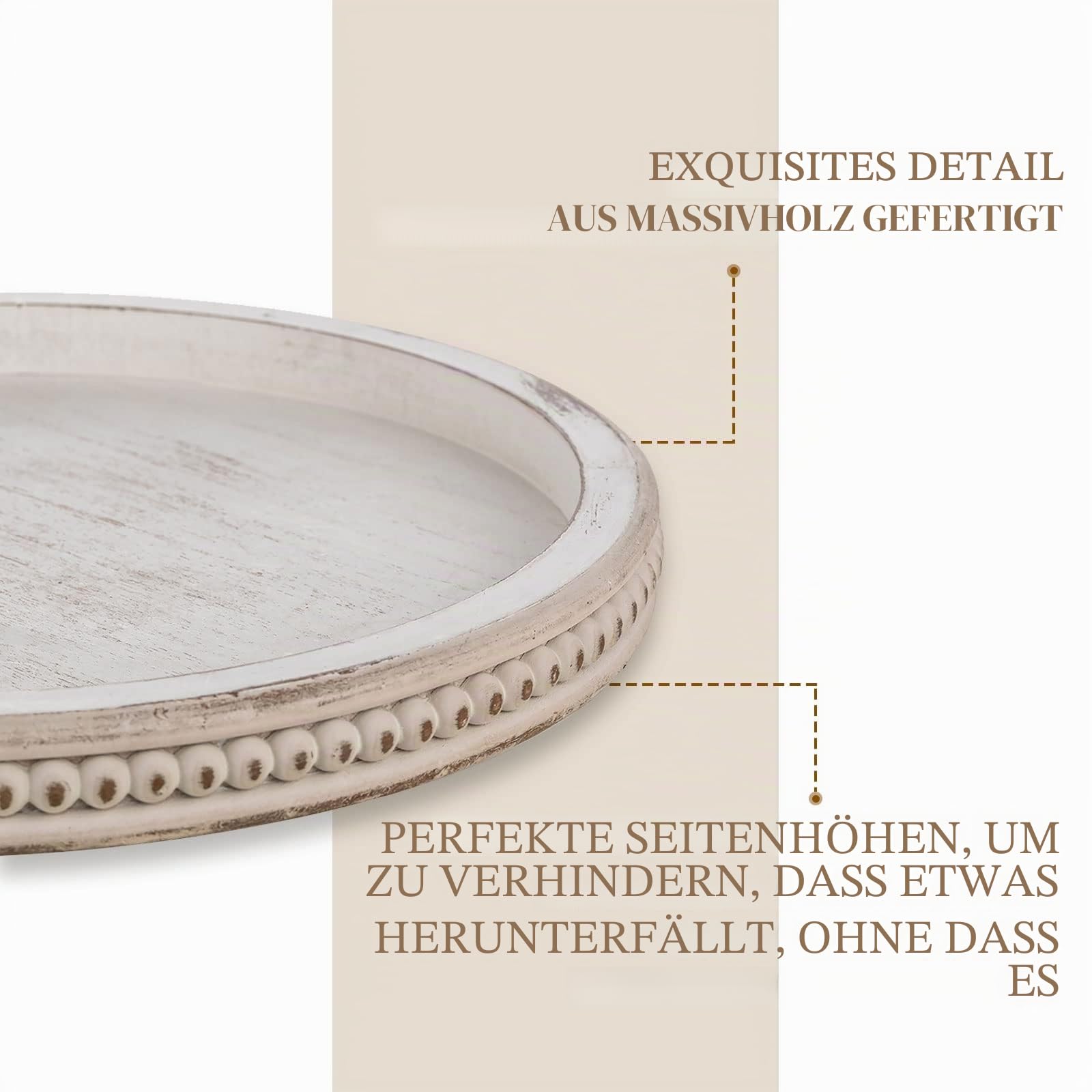 Hanobe Drehteller Holz Lazy Susan: Drehplatte Holztablett Rund Weiß Gewaschen Drehtablett mit Perlen Rand 30cm Vintage Weiss Dekotablett für Küche Organizer Home Deko