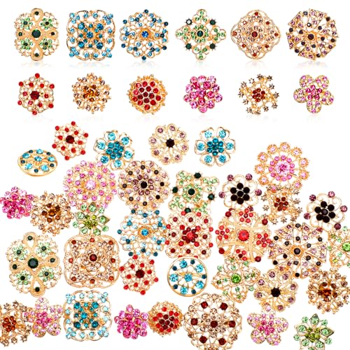 36 Pcs Flower Brooches for Women Mixed Color Rhinestone Flower Pins Decorative Pins Costume Jewelry Crystal Vintage Lapel Pins for Wedding Bouquet Clothes Crafts