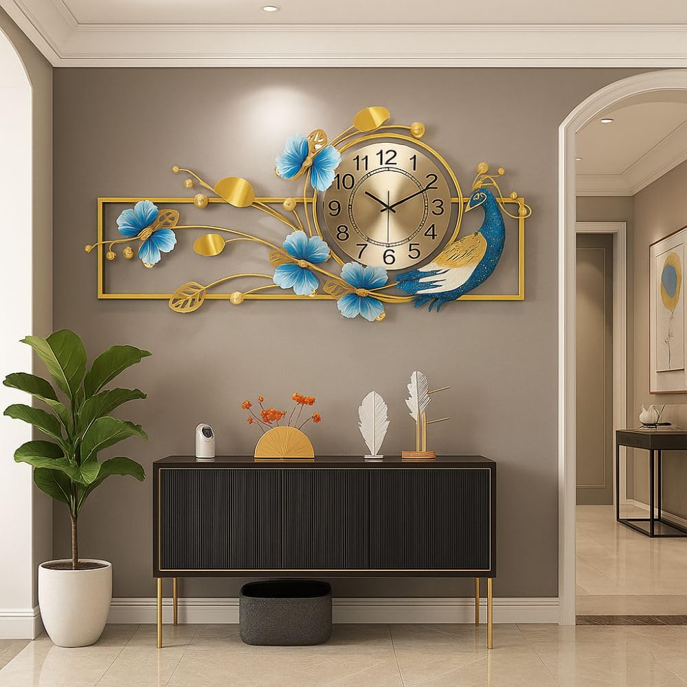 OVIK Modern Floral Peacock Leaf Metal Wall Clock Large Multicolored Decorative Clock for Home Decor, Living Room, Bedroom & Office (Size 40x26 Inch)-picture-19