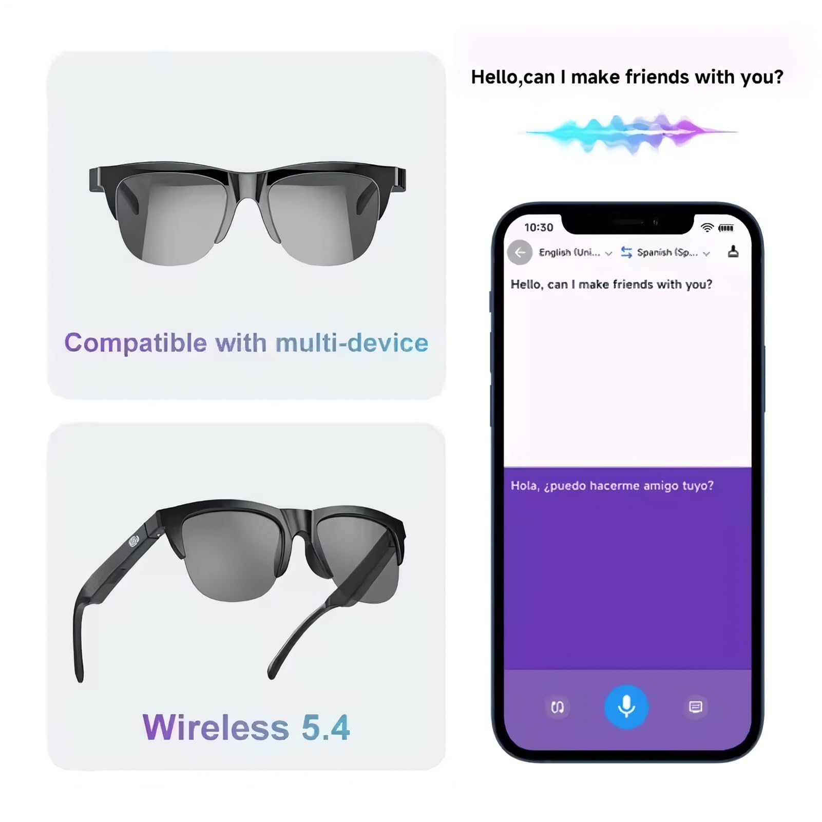 Smart Translator Glasses - AR Language portable Traduction des lunettes | Lunettes de sous-titres en temps réel, dispositif d'interprète vocal, lunettes AI pour la communication multilingue, les voyag