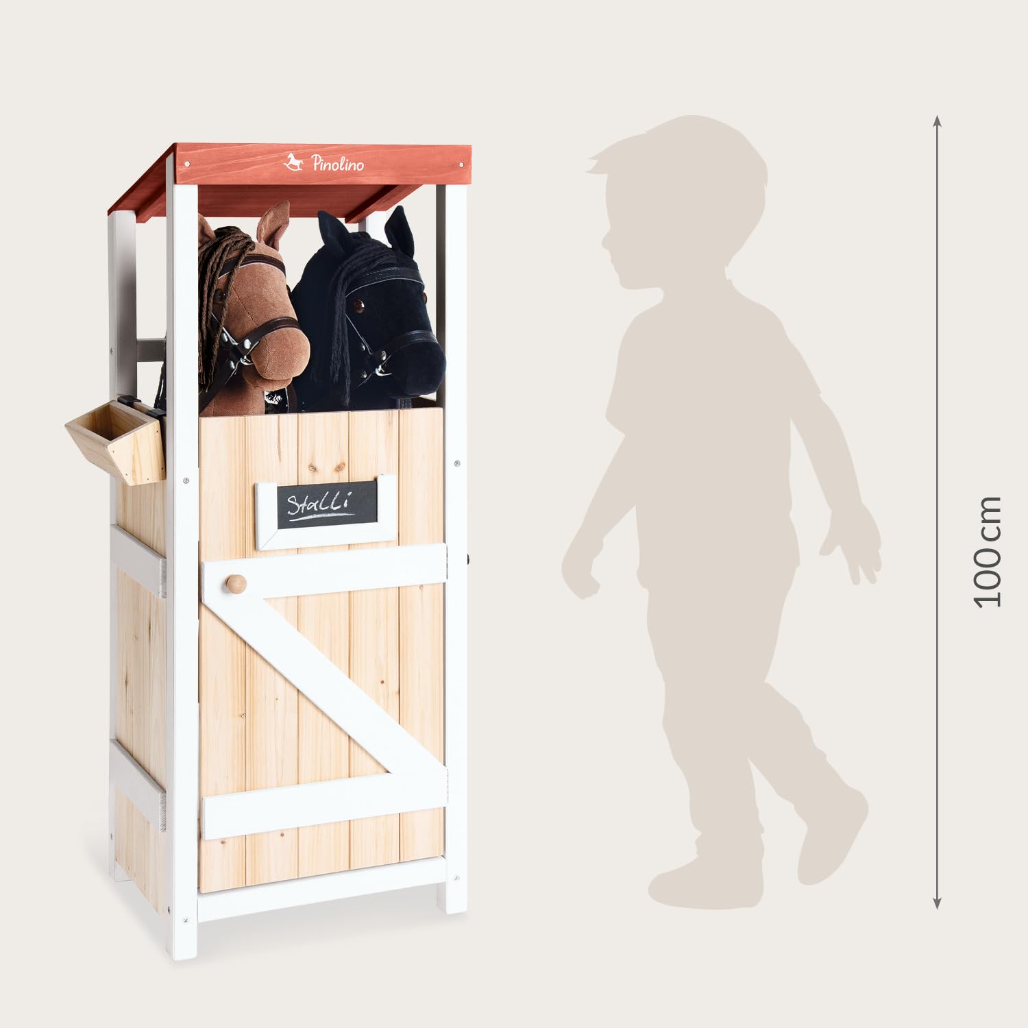 PINOLINO Hobby Horsing Stall Stalli, establo para Caballos enchufables, práctico Soporte para 2 Caballos, con comedero para Colgar, Madera de coníferas, Ancho 37 cm, Profundidad 26 cm, Alto 97 cm