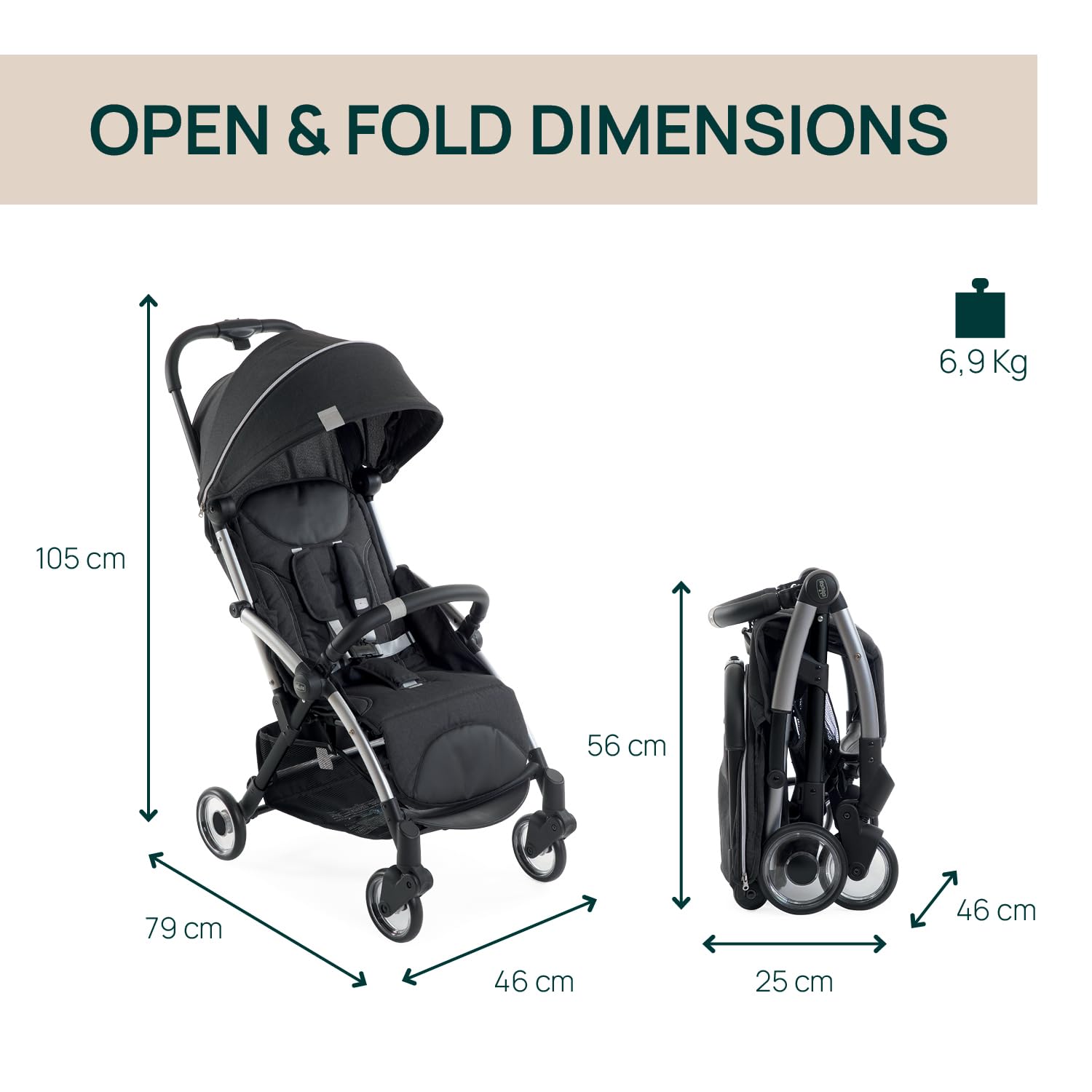 Chicco, Goody Plus Graphite, Poussette 0 Mois-4 Ans, Fermeture Automatique et Compacte, Capote Extensible avec Traitement UV50+ Anti-pluie, Dossier Inclinable et Réglable en 3 Positions, Repose-jambes