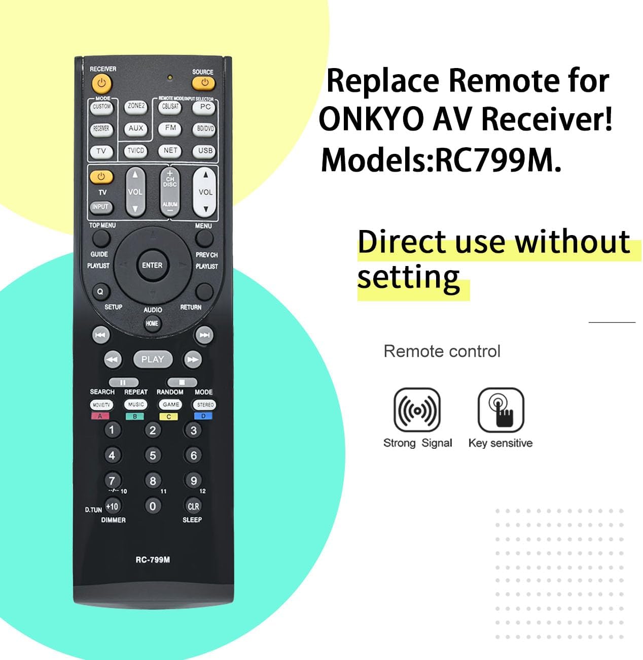 Front of the AZBME remote control with text indicating direct use without setting