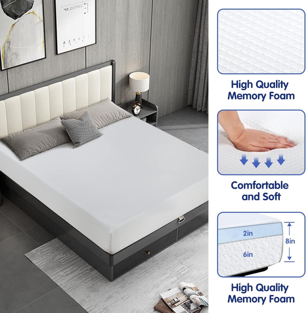 Dkeli Queen Mattress, 6 Inch Gel Memory Foam Mattresses for Cool Sleep & Pressure Relief, Medium Firm RV Daybed Mattress for Kid Adults, Bed-in-a-Box, CertiPUR-US Certified