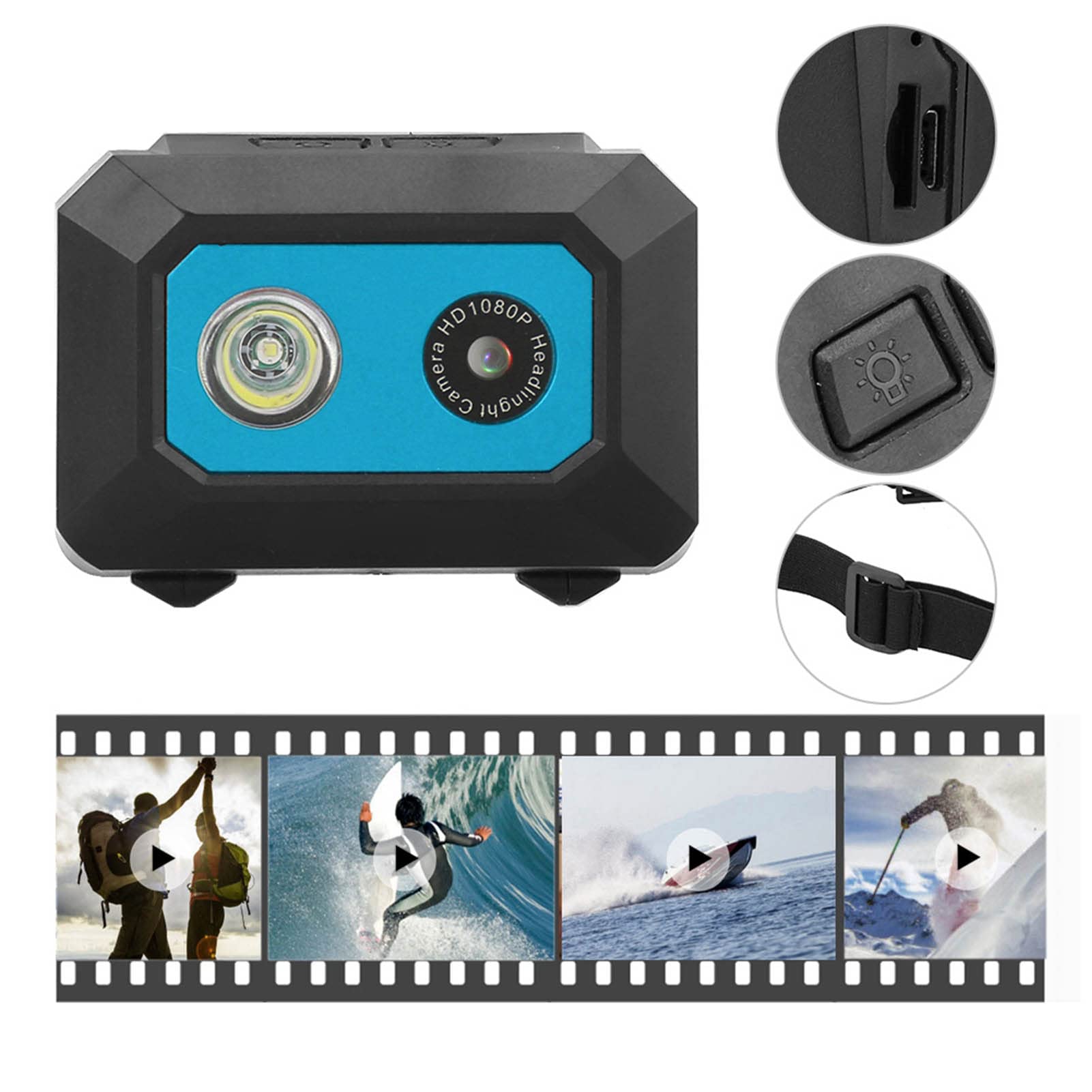 Telecamera Sportiva DV Super HD 1080P, Videocamera D'azione Montata Sulla Testa con Registratore DVR per Uso Fotografico All'aperto, in Casa e in Viaggio (Nero Blu)