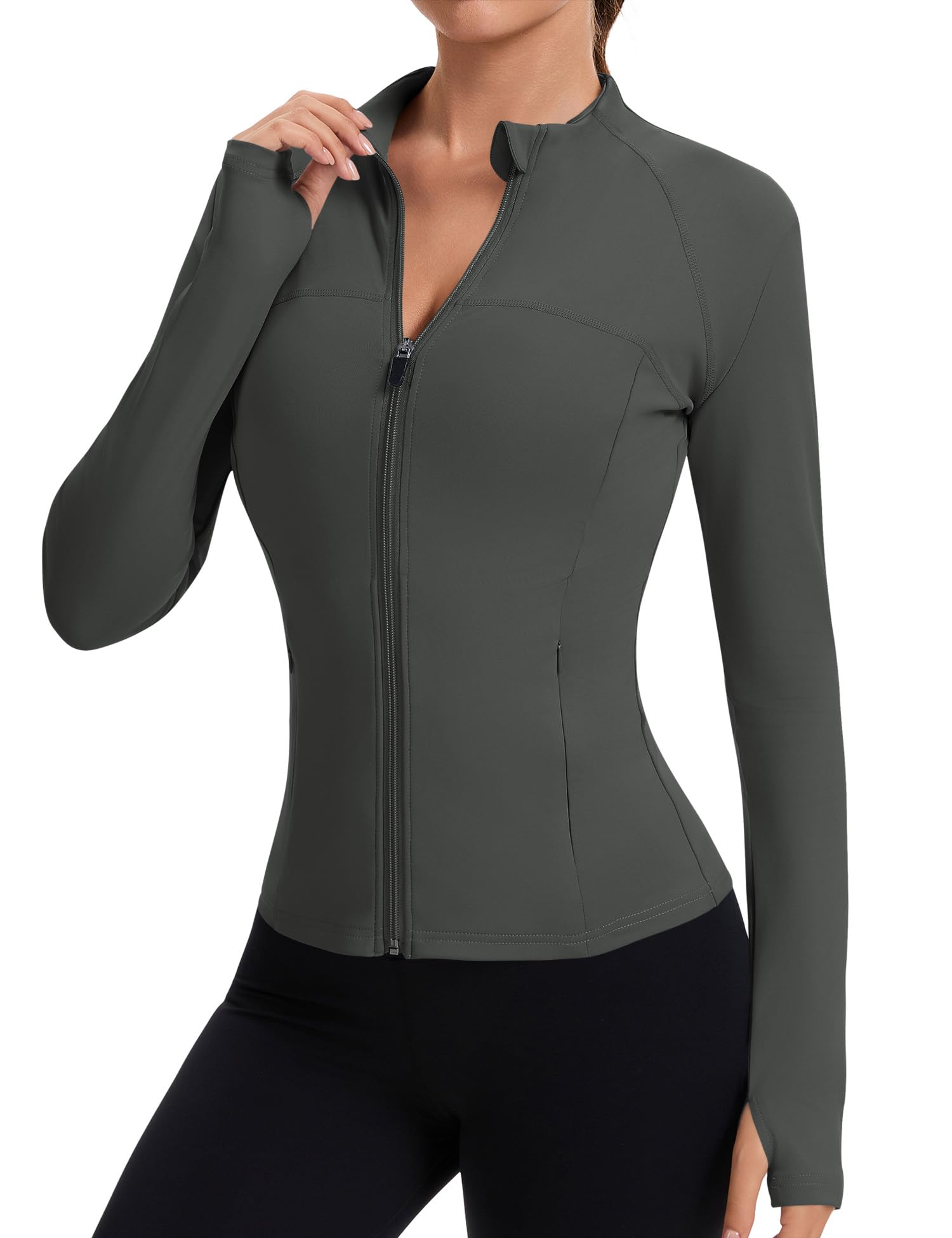 Rapbin Women's Full Zip Workout jackets Runing Slim Fit Athletic Tops With Thumb Holes
