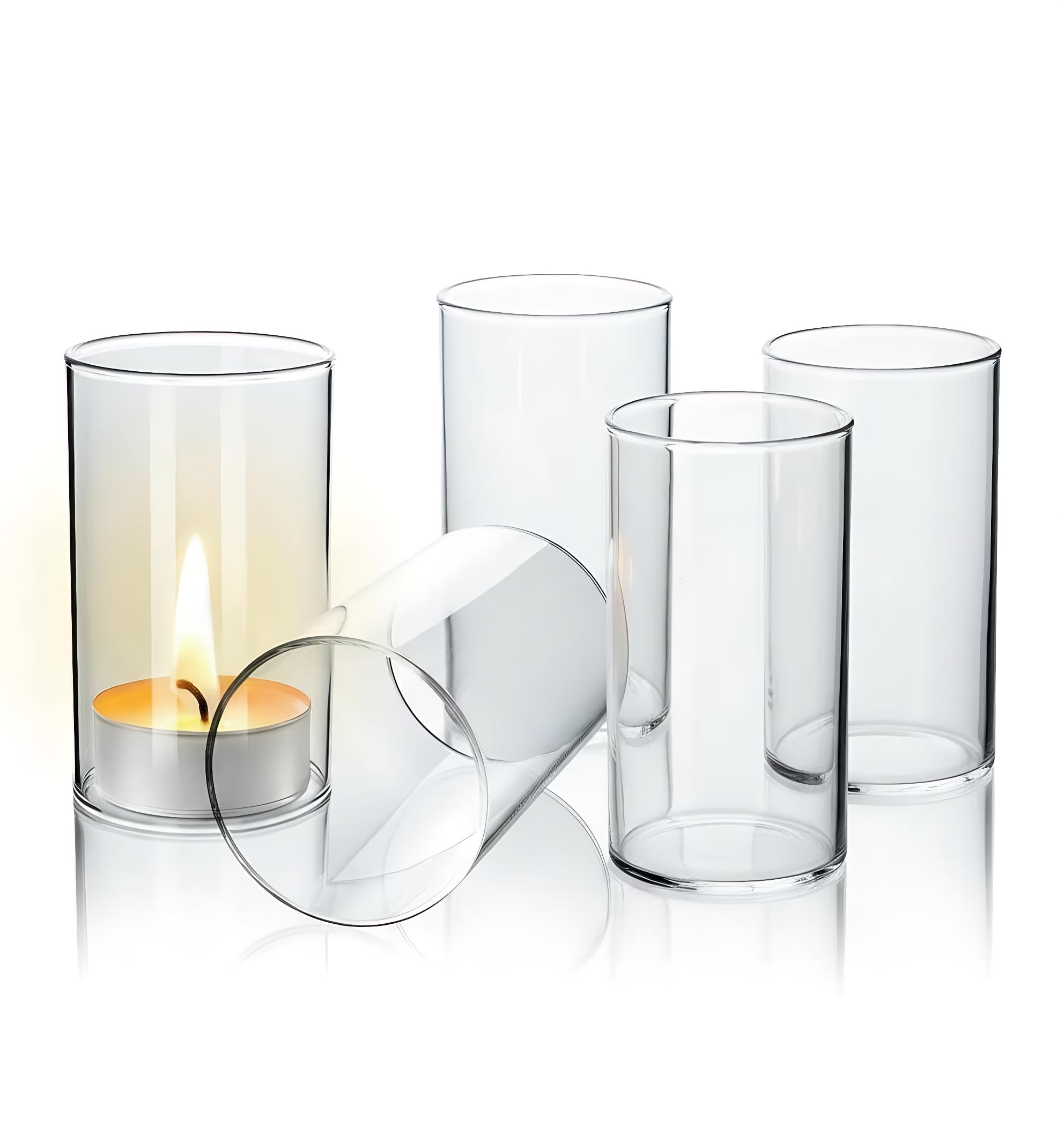 BESPORTBLE 4 unidades de portavelas, portavelas, cilindro de cristal de repuesto sin suelo, tubo de cristal abierto para velas, decoración de mesa, salón, dormitorio, decoración de 7x10 cm