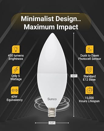 Sunco B11 Candelabra LED Bulb, Dusk to Dawn, E12, 5W40W, 3000K