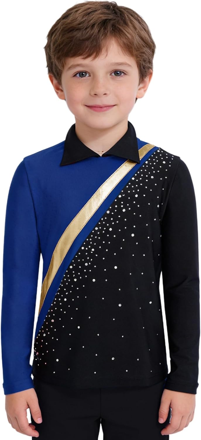 Oyolan Kids Boys Figure Skating Shirts Long Sleeve Ballet Jazz Latin Dance Gymnastics Tops Performance Costume Dancewear