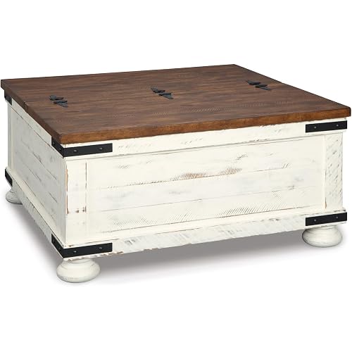 Signature Design by Ashley Wystfield Farmhouse Coffee Table with Storage, Hinged Lift Top, Wood, 36" W x 36" D x 18" H, Distressed White