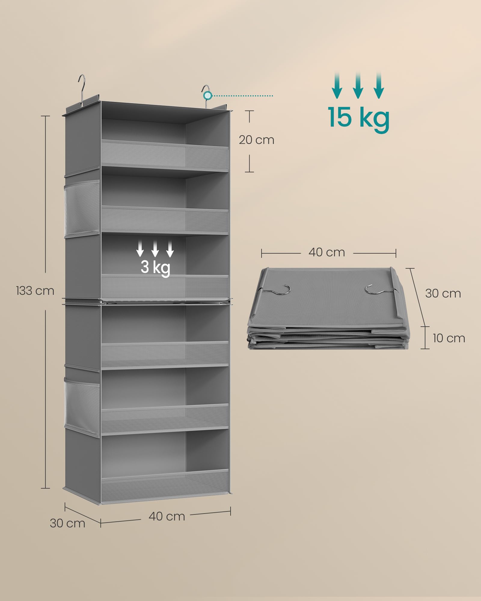 SONGMICS Tina RCH008G01 Organiseur d'armoire, rangement à suspendre à 6 compartiments séparables, 40 x 30 x 133 cm, étagère peu encombrante intérieure pour vêtements, gris taupe, collection Tina