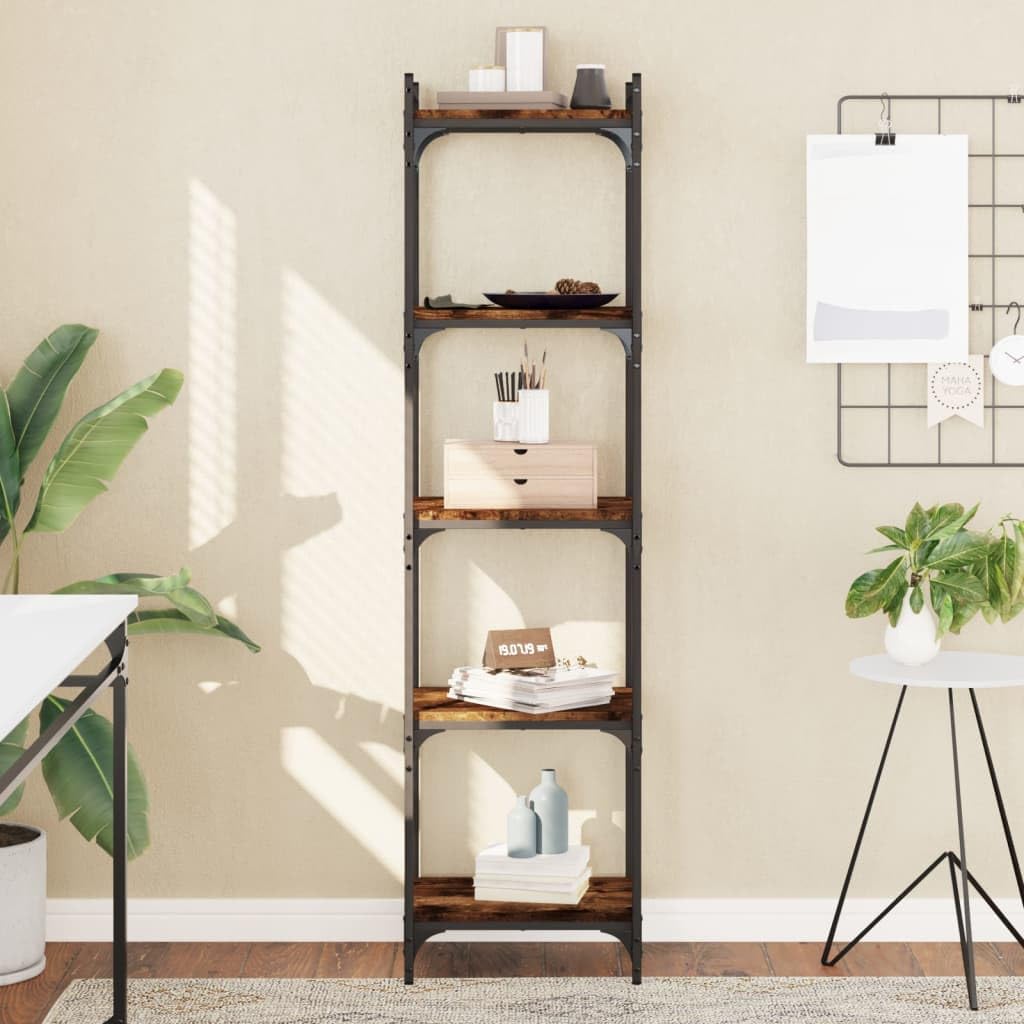 Librería de 5 baldas de roble ahumado, 40 x 30 x 154 cm, material de madera, estructura de metal, estantería estrecha con patas ajustables para salón, cocina, balcón