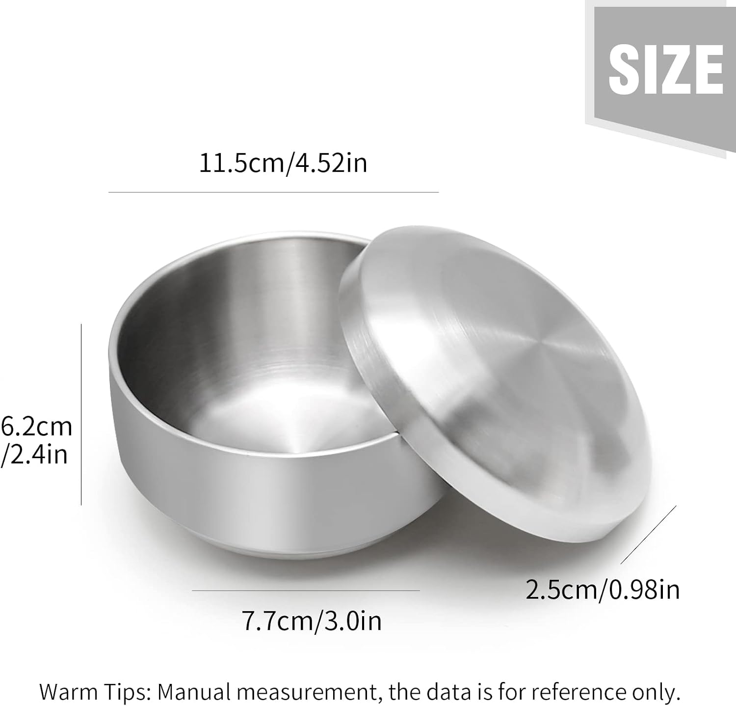 Stainless Steel Rice Bowl with Lid, Set of 2, for Korean Kitchen Restaurant, Double-walled Metal Bowls, Multi-Purpose Insulated Soup Bowls Snacks Bowls (11.5cm Silver)