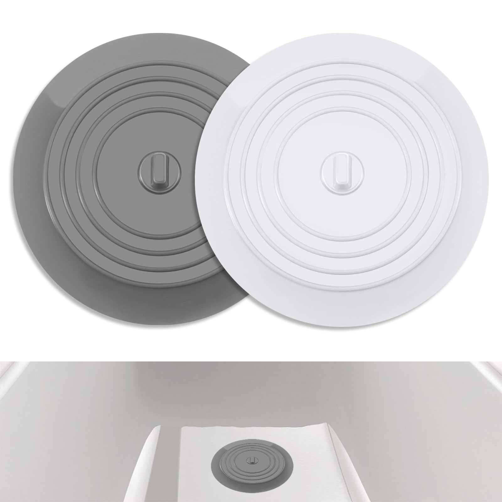 2 Pack Silicone Tub Stoppers,6 Inches Drain Stopper,Universal Silicone Bath Plug Tub Stopper White Drain Plug for Kitchens, Bathrooms and Laundries (White and Grey)