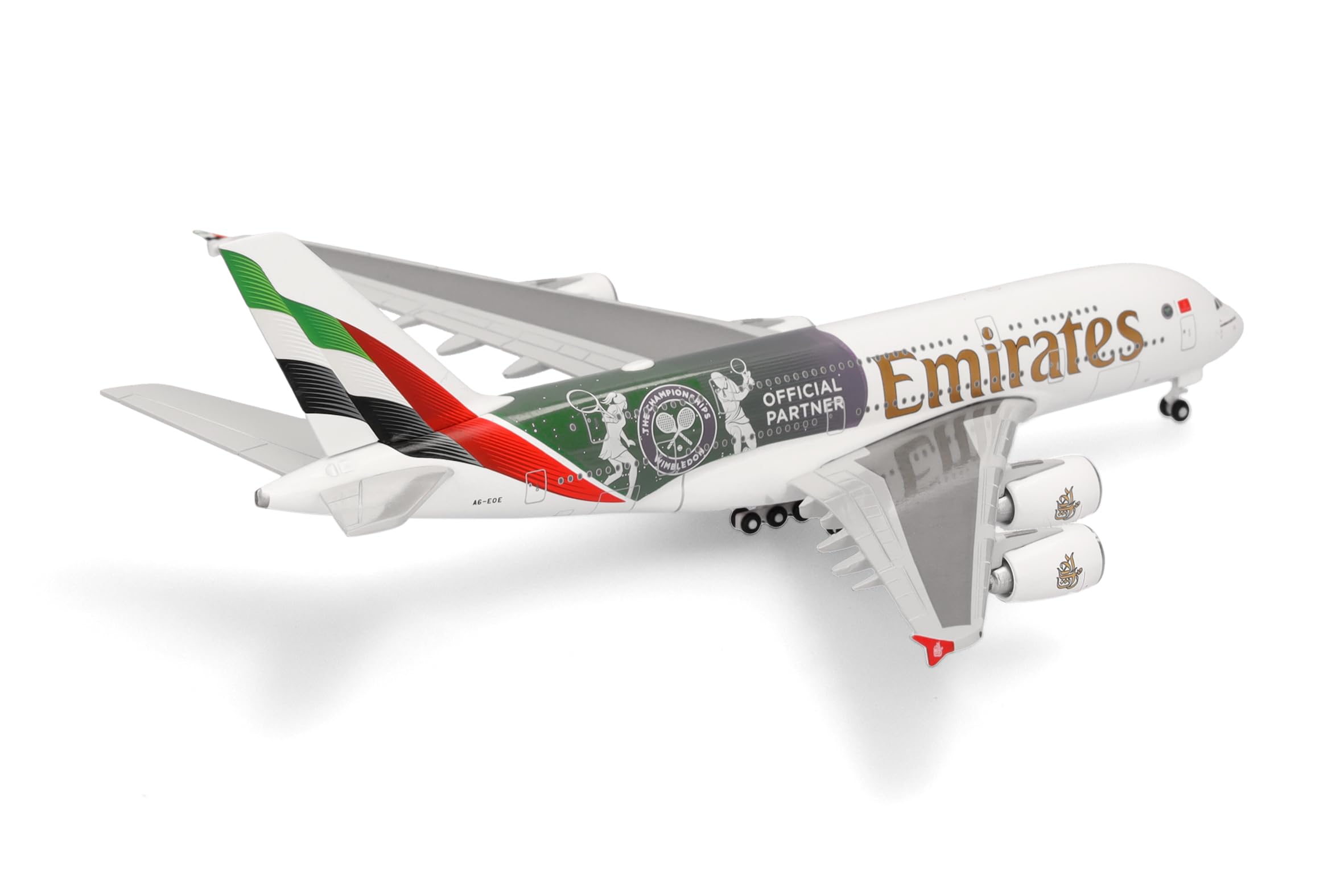 Herpa modellino aereo Emirates Airbus A380 "Wimbledon Official Partner" miniatura in scala 1:500, pezzo da collezione, modello di aereo senza supporto, metallo