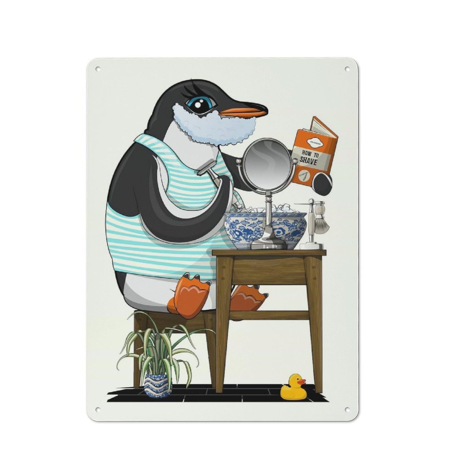 Junmoney Style-4 Metal Sign 40X30cm With Penguin Shave In Bathroom For Pub Or Café, Vintage Decor, For Metal Sign Collectors, For Garage And Workshop Walls