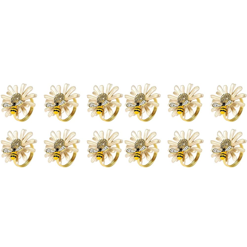 Hndhbfgrt Set of 12 Daisy Sunflower Napkin Rings, Gold Bee Napkin Ring Holders for Formal or Casual Dinning Table Decor