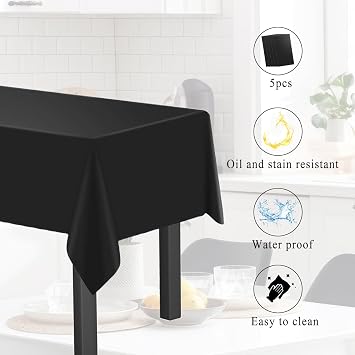 5pcs 137x274cm Disposable Plastic Tablecloth Waterproof Rectangular Table Cover Set Durable Supplies for Party, Banquet, Picnic, Wedding, Birthday, Camping and Home Decor (Black)