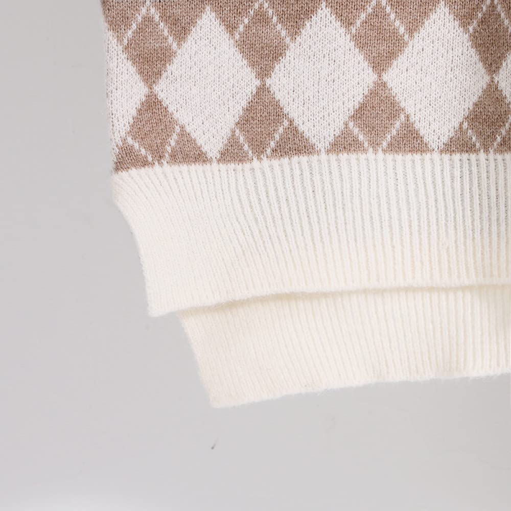 Maglione Gilet Donna,Gilet Lavorati A Maglia da Donna Maglioni Slim Pullover Vintage A Rombi Beige con Scollo A V Gilet in Maglia Stile College Caldo Maglioni Invernali Senza Maniche Canotta