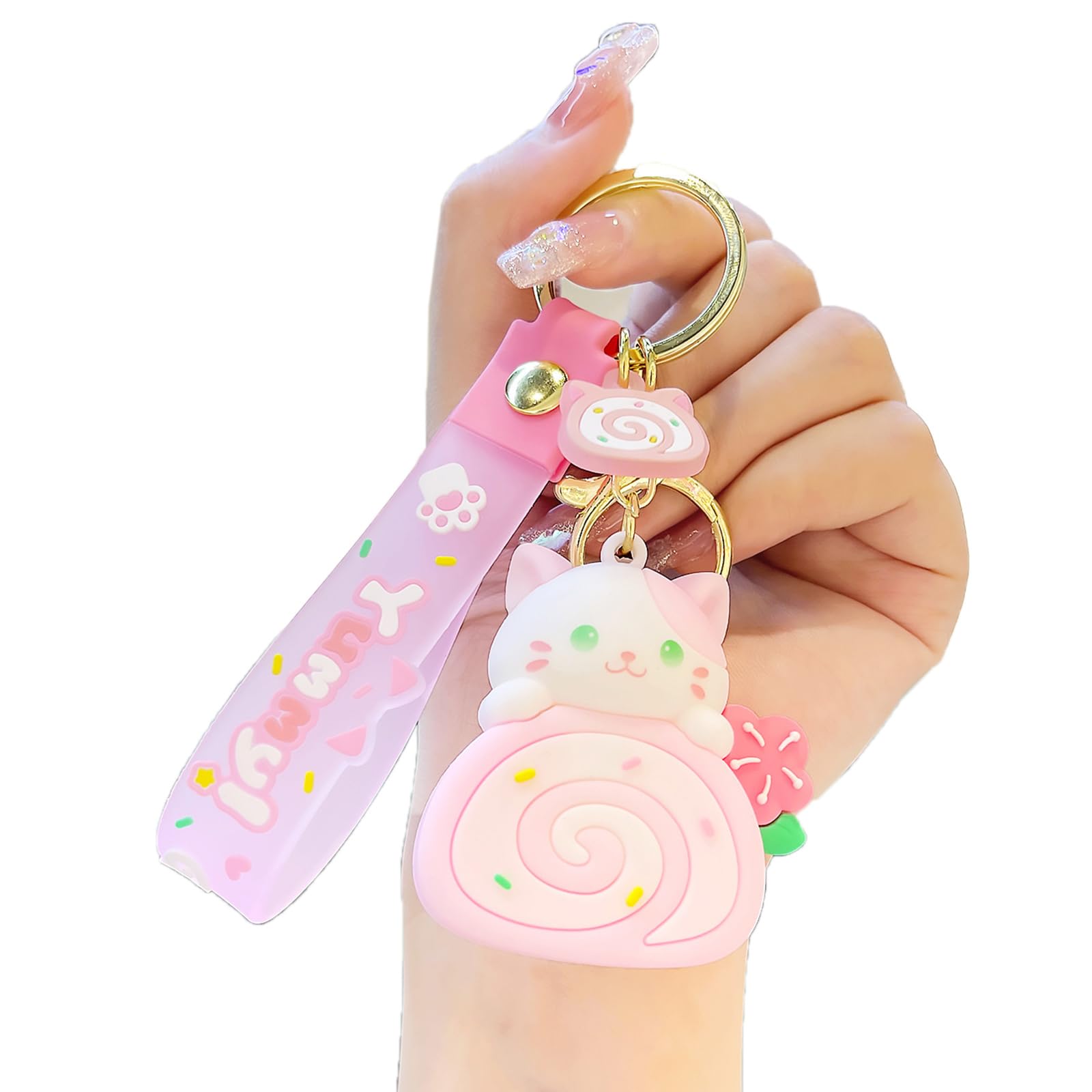 Gaointell Pink Cartoon Cat Cake Roll Keychain Jewelry Chic Cat Cake Roll Pendant Keyrings Phone Lanyard Key Chain Charm For Bag Purse