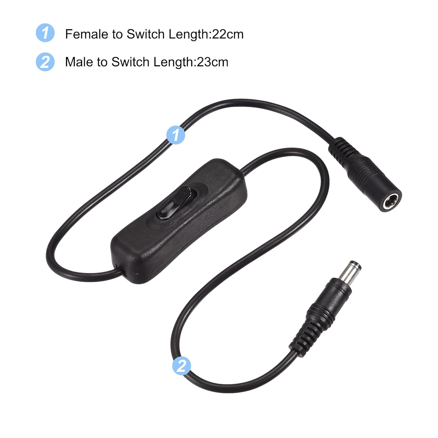 MECCANIXITY DC Cable with ON/Off Switch, 5.5mm x 2.5mm DC Male to Female Extension Cord 50cm Black, for LED Desk Lamp LED Strip, Pack of 2