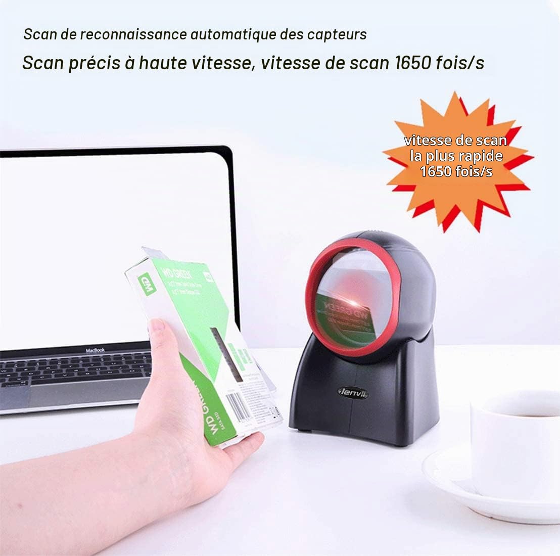 LENVII Omnidirectional Auto Lecteur de Code Barre USB,Scanner Code à Barres Mains Libres 1D/2D/QR Barcode Scanner,Scanner Code Barre pour POS PC Supermarché Librairie Retail Mall