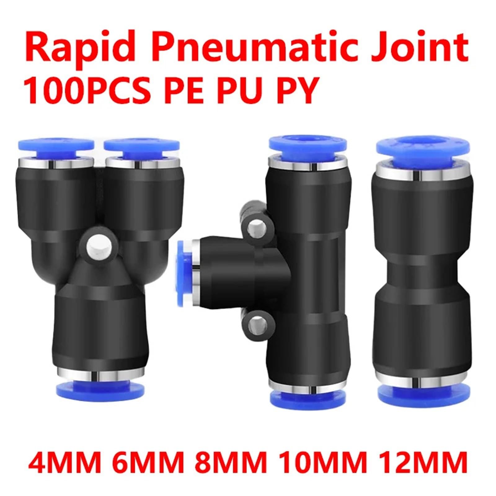 Conectores neumáticos PY, T de conexión rápida de 3 vías, conector de tubo de plástico for manguera de 4, 6, 8, 10 y 12 mm, 100 unidades(6mm(100pcs))