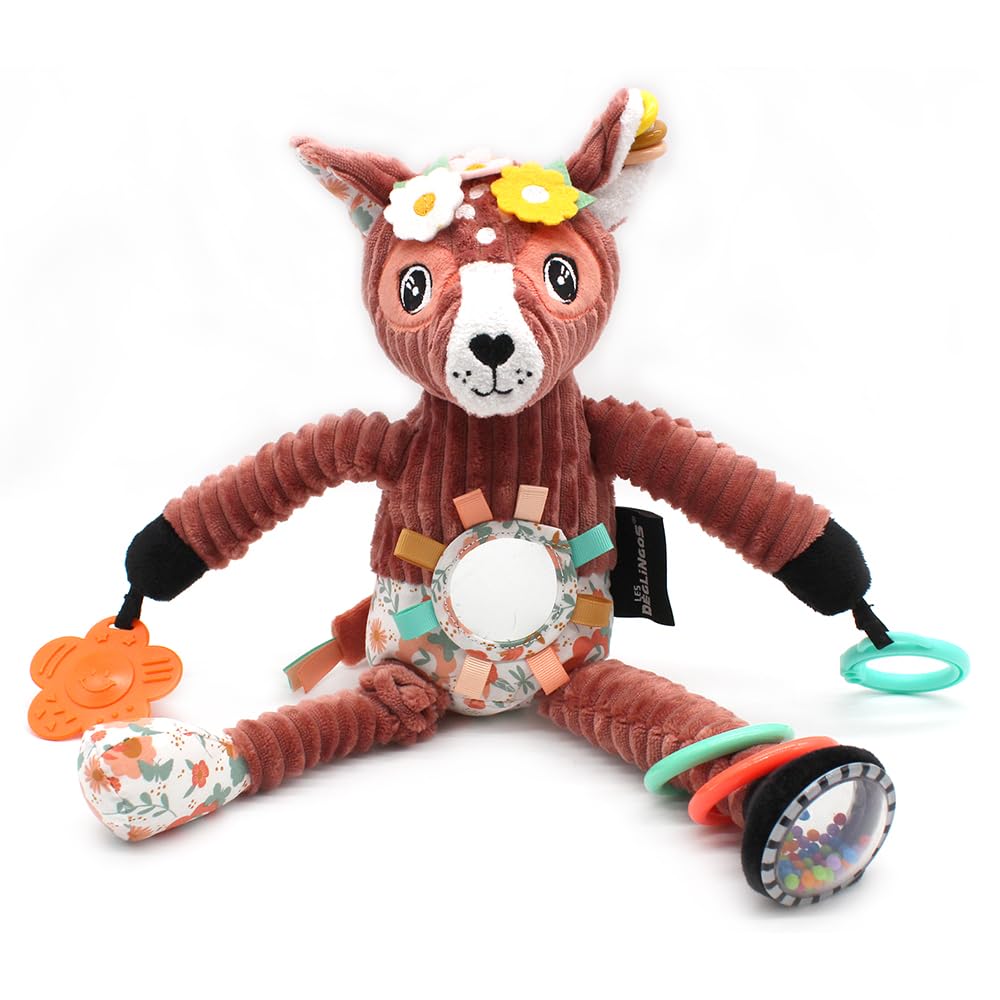 LES DEGLINGOS - Peluche d'activité Nomade Melimelos la biche - Terracotta - Jouet d'éveil pour bébé - Idée cadeau - Dès la naissance - 36 cm