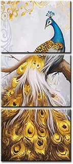 iLOOKLiKE Peacock Canvas Wall Art Beautiful Peafowl Painting Pictures Golden Tail Wall Decor Peacock Feather Photo Artwork Stretched and Framed for Living Room Bedroom Decoration 12x16inchx3pcs