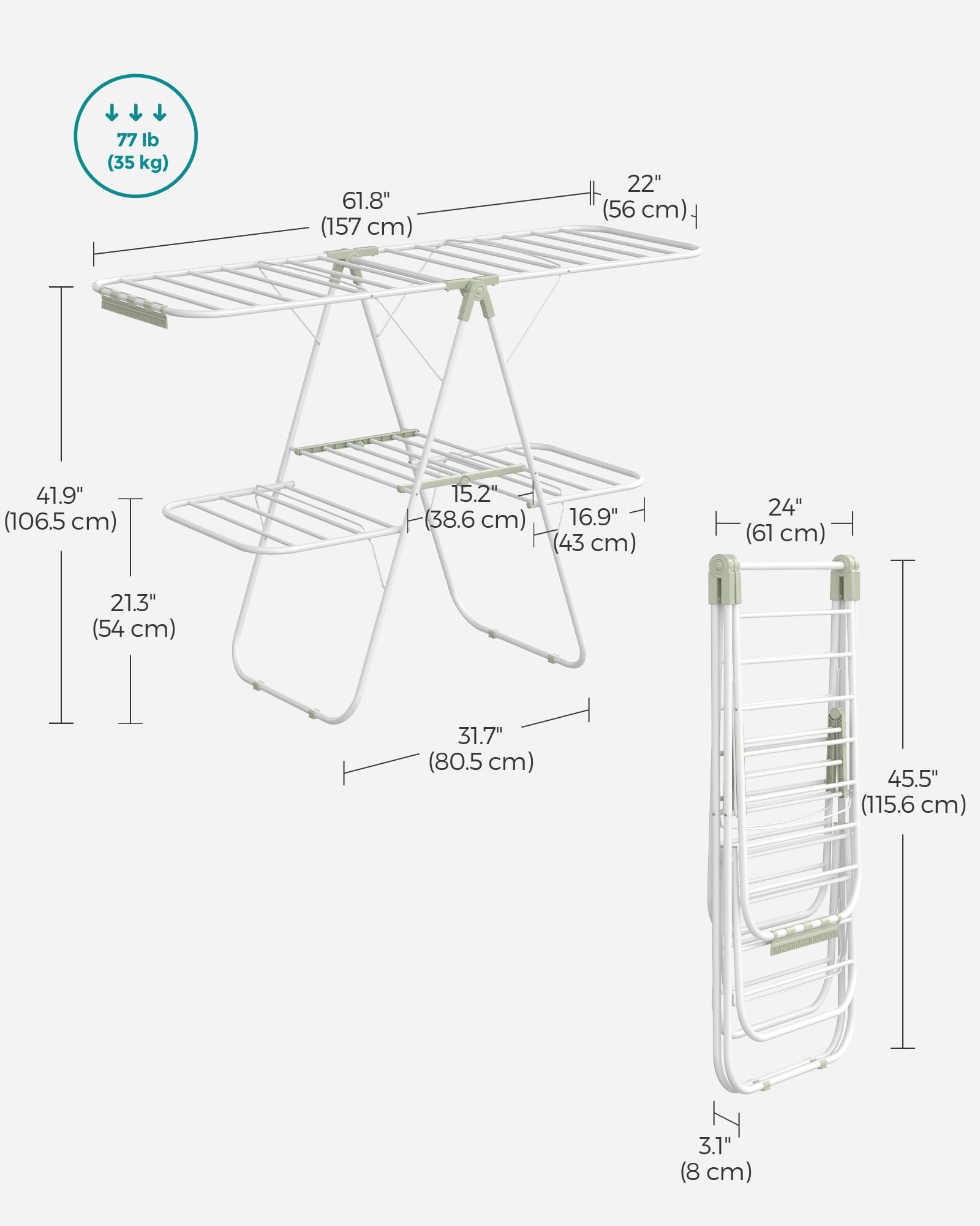 SONGMICS Clothes Drying Rack, Foldable 2-Level Laundry Drying Rack, Free-Standing Laundry Airer, with Height-Adjustable Wings, 33 Drying Rails, Sock Clips, White and Green ULLR053C01V1