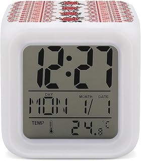 Reloj despertador, estilo bordado ucraniano, alarma digital LED rosa con luz nocturna de 7 colores, pantalla LED pequeña, reloj digital de temperatura y calendario de viaje, relojes electrónicos para