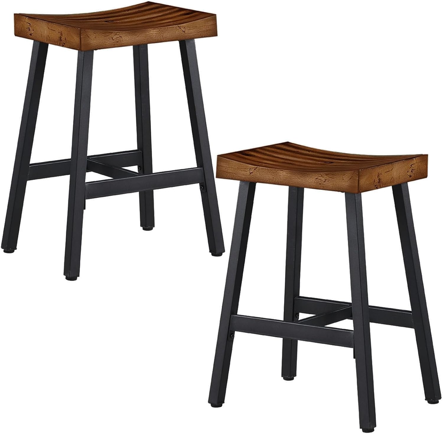 Set of 2 Farmhouse Counter Stools – 25 Inch Backless Bar Stools with Rustic Brown Wooden Saddle Seat & Matte Black Metal Frame, Industrial Heavy Duty Dining Kitchen Barstools