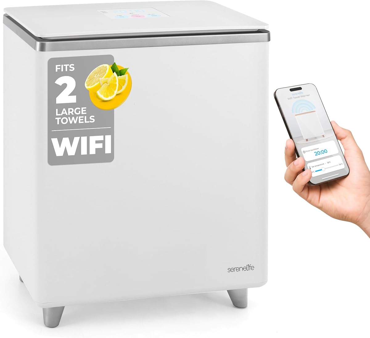 SereneLife WIFI Luxury Rectangle Towel Warmer - Spa & Bathroom Blanket Heater with Custom Fragrance, Auto Shut-Off, Fits 2 large Towels, Blankets, Bathrobes, PJ's - Perfect Gift for Him & Her (Silver)