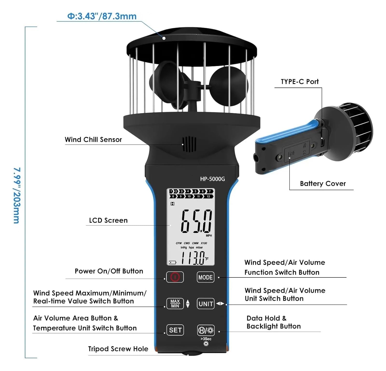 Anemómetro Azul Velocidad del Viento Volumen Aire Medición de Temperatura Luz Fondo multifunción,BT-5000G(Orange)