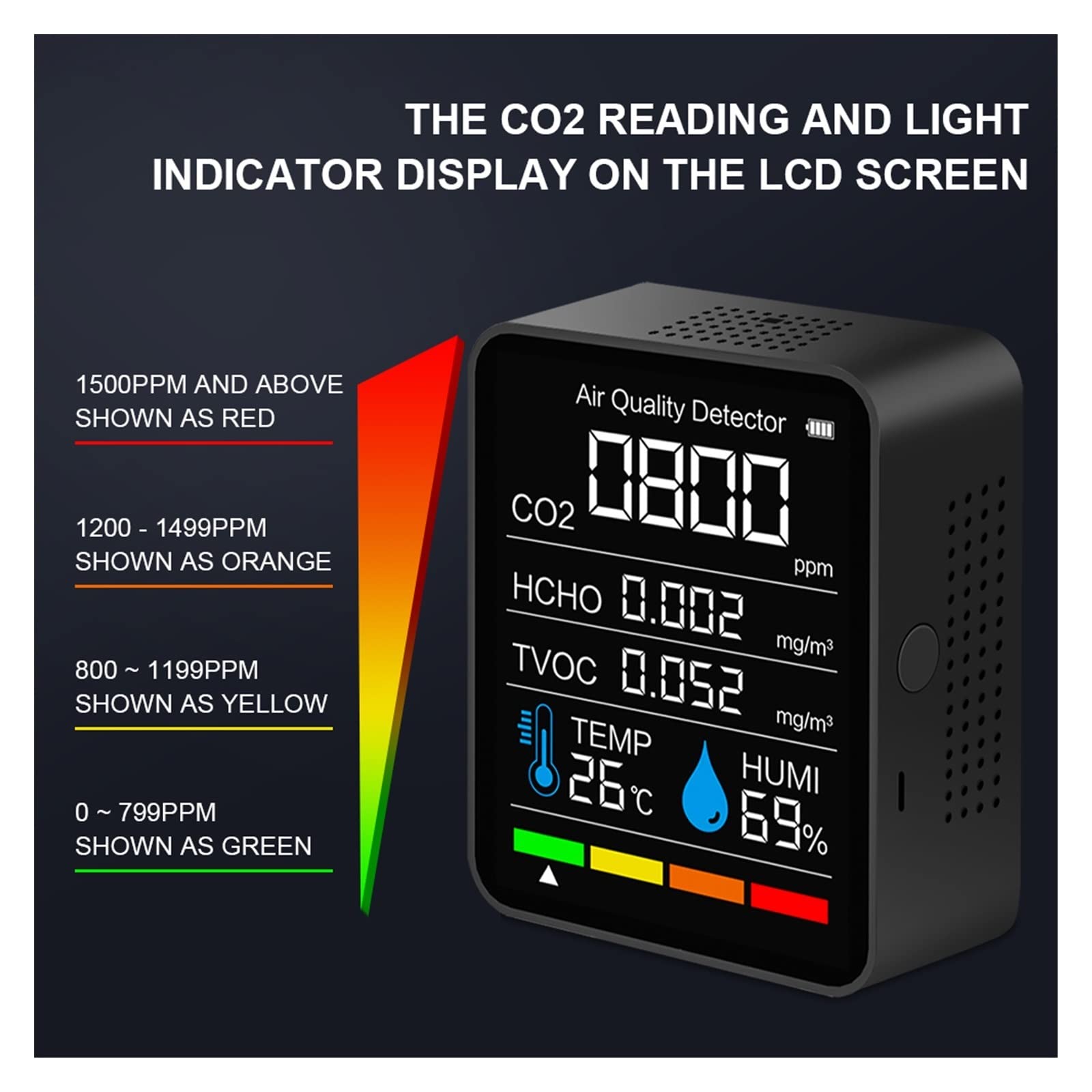 Detector de Gases, Detector de dióxido Carbono CO2 Smart Digital Temperatura Interior Sensor Humedad Probador la Calidad del Aire Monitor(Bianco)