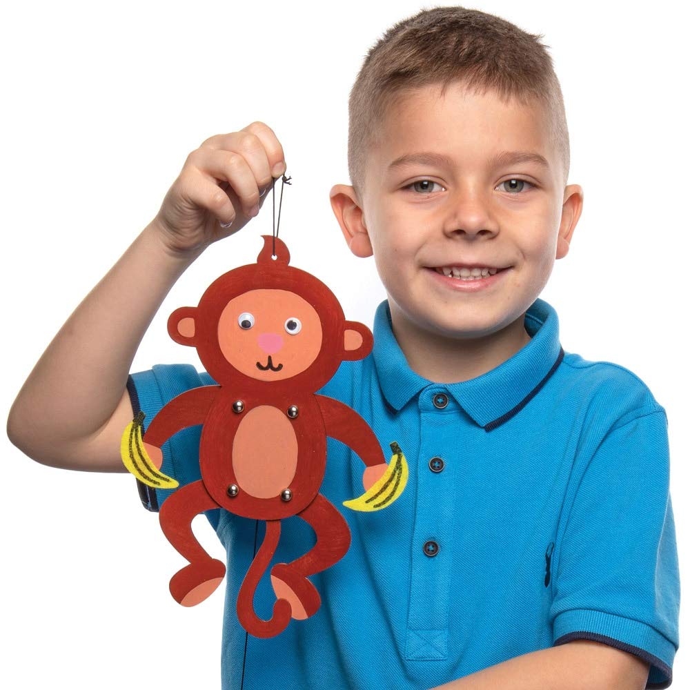Baker Ross Kits De Marioneta De Madera Monos Sonrientes AT770, Paquete De 4 Manualidades Para Niños 6+, Surtidos