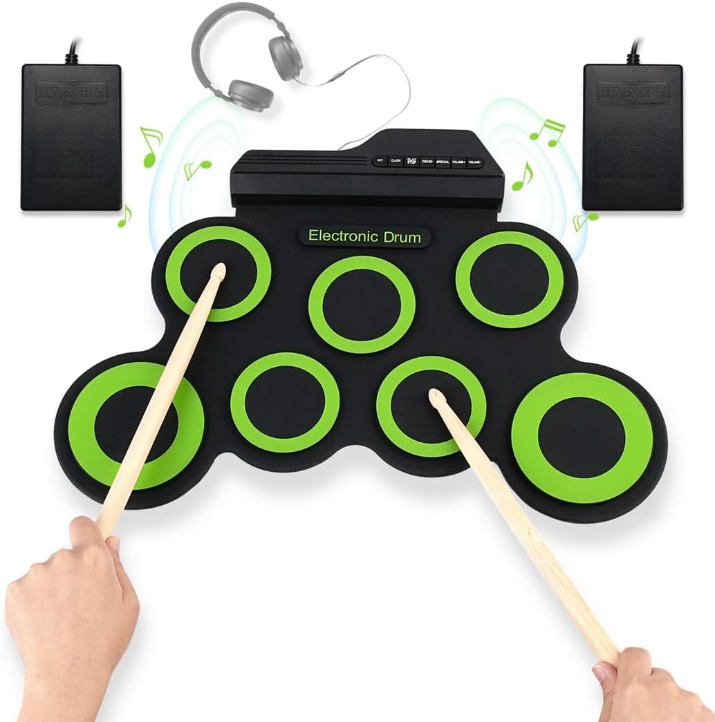 Drum Set Roll Up, 7 Pads Electronic Drum Pad Kit with 3.5 Mm Headphone Jack & 2 Foot Pedals, USB/Battery Powered Drum Practice Pad, Present for Beginners, Kids, Adults, Easy to Use