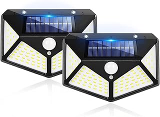 Kit 2 Luz de parede solar exterior, 100 LEDs com refletor de luzes, IP65 Impermeável, Luzes de segurança com sensor de movimento para parede exterior, Pátio, Quintal, Garagem, Deck, Jardim