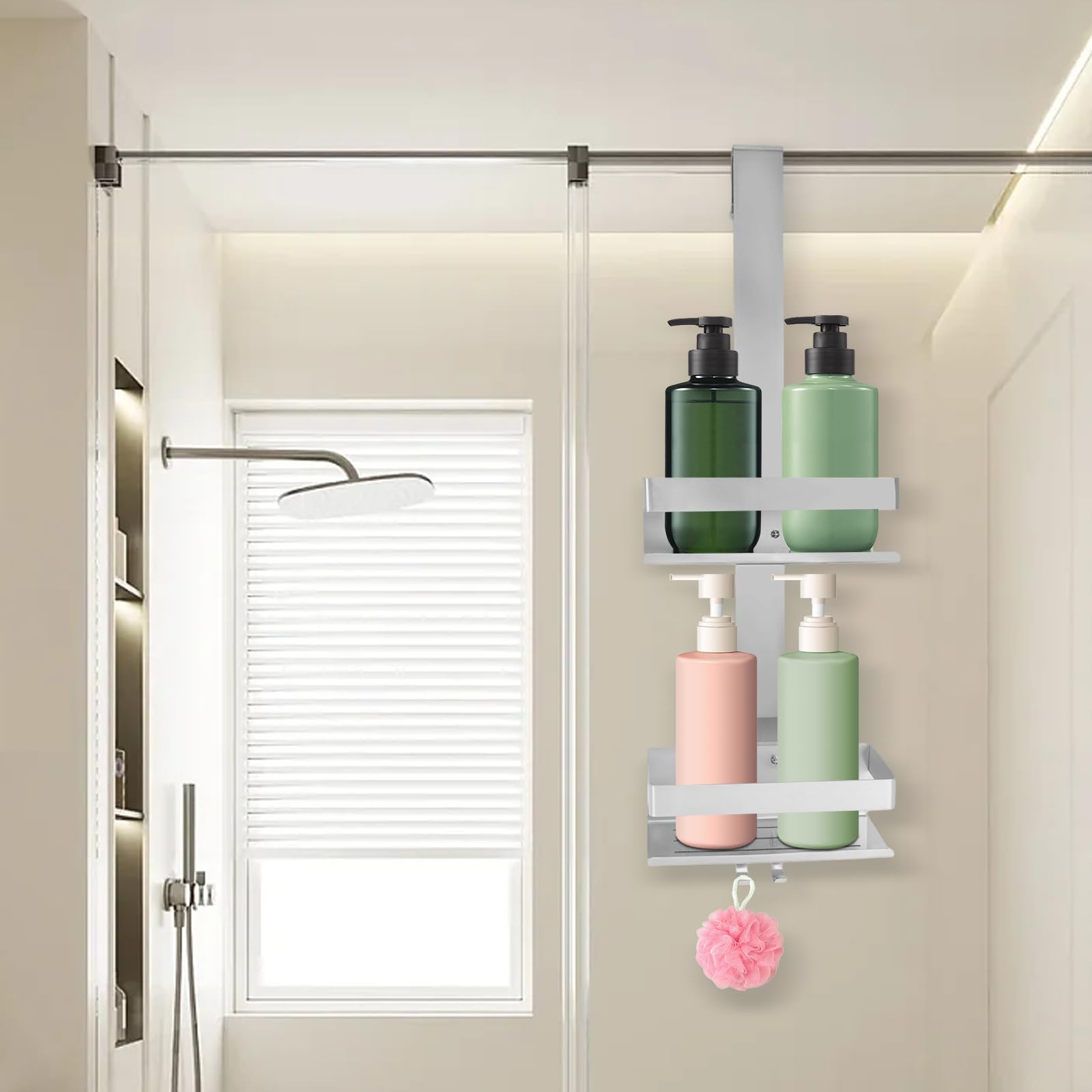 Estantería de ducha sin taladrar, estantería de baño de acero inoxidable 30 x 13 x 8,5 cm, estante de ducha sin taladrar, estante de ducha plateado para colgar, organizador de baño, estantería de