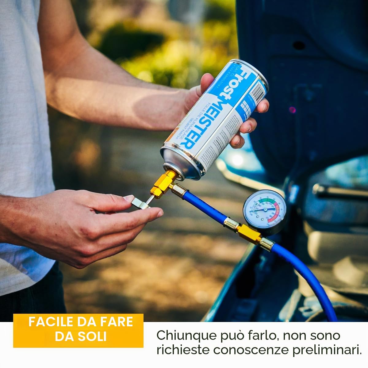 3 in 1 – Set di ricarica per aria condizionata auto R134a (1995-2016) – 2 barattoli da 400 ml e tubo con manometro – Sostituzione per refrigerante, olio e sigillante – Applicazione rapida