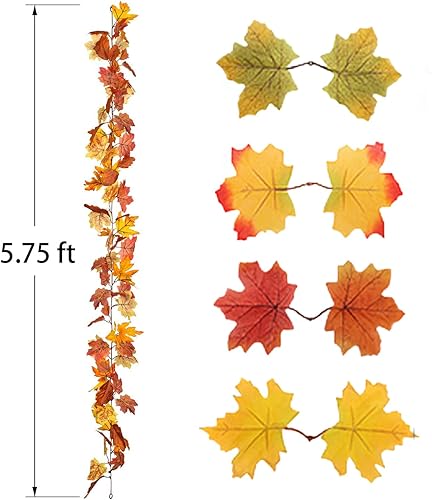 Miniatura 7 de Guirnalda de hojas de arce para decoración de otoño, paquete de 2 guirnaldas de otoño de 11.4 pies, hojas de arce colgantes, decoración de follaje