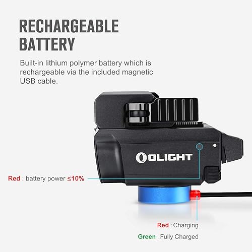 Miniatura 7 de OLIGHT - Luz Baldr RL Mini para arma con 600 lúmenes, riel compacto montado, recargable por USB magnético y combinación de luces LED de haz rojo