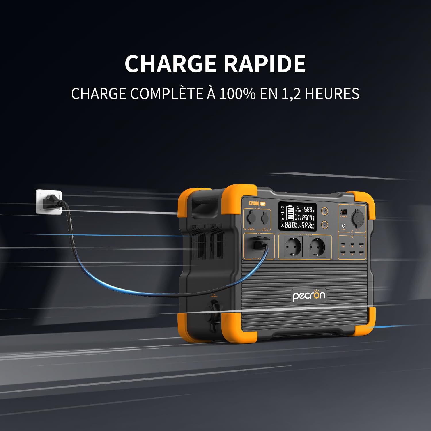 Station d’énergie portable PECRON E2400LFP – 2 048 Wh LiFePO4 (extensible à 8 192 Wh), 2 400 W de puissance continue, charge ultrarapide en 1,5 h, idéale pour secours électrique, camping et vanlife.