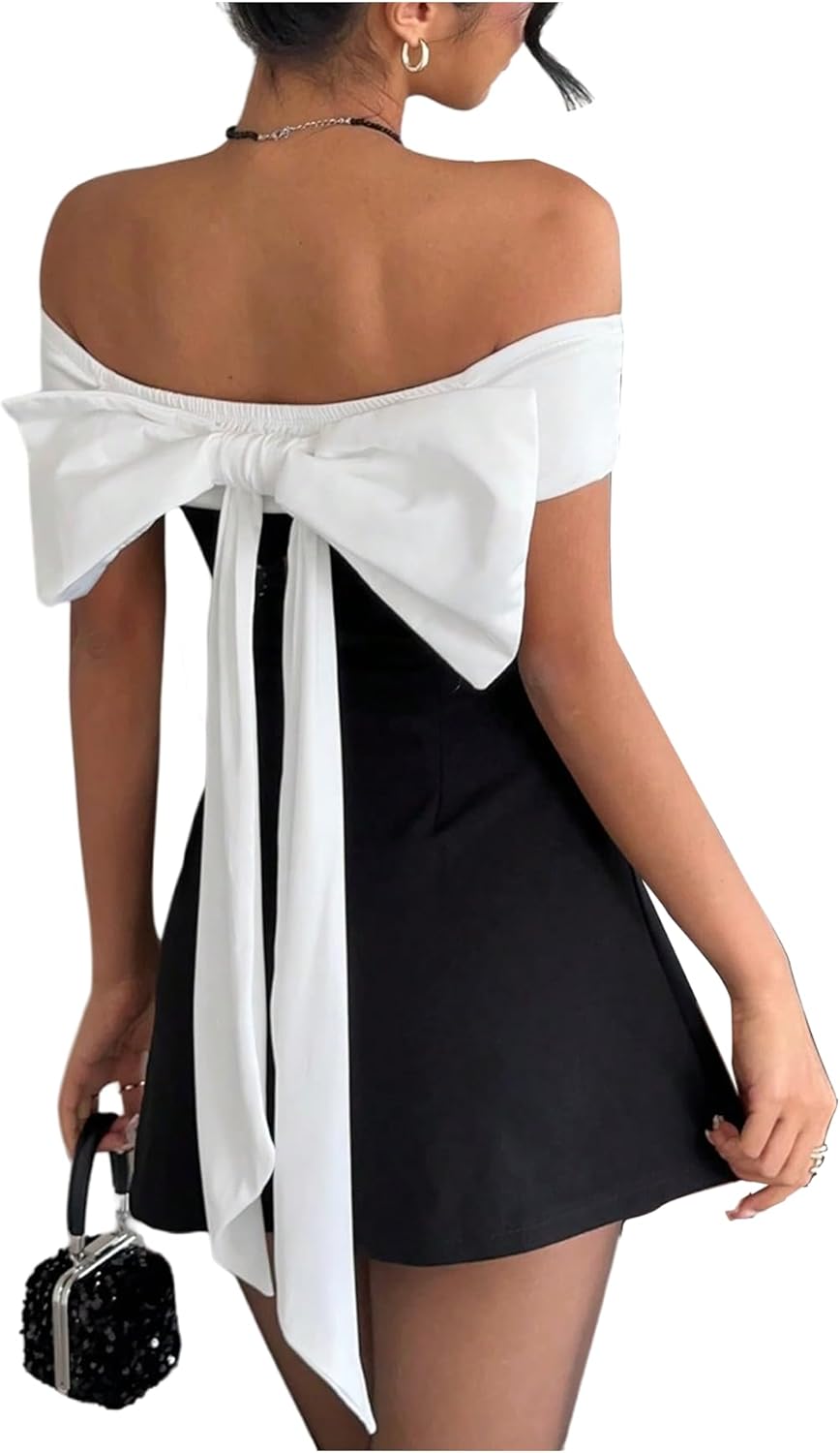 SOLY HUX Women's Bow Wedding Guest Dress Off The Shoulder Short Sleeve A Line Flared Cocktail Party Mini Dresses