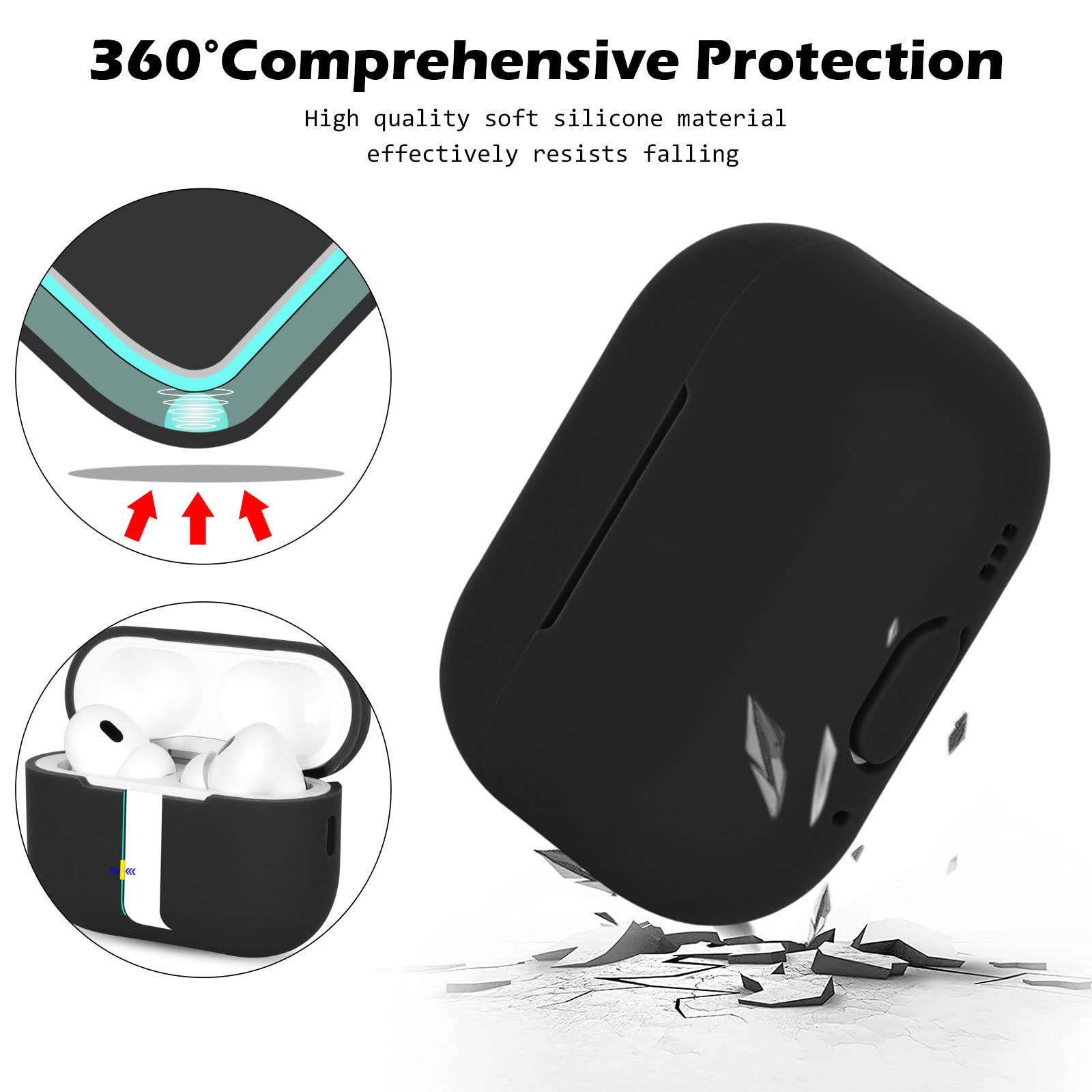 AOTUAO Funda para Airpods Pro 2 Case Cover, Fundas Protectora de Silicona Compatible con AirPods Pro 2 2022 con Silicona Lanyard, Funda Portátil a Prueba de Golpes, LED Frontal Visible, Negro — view 5