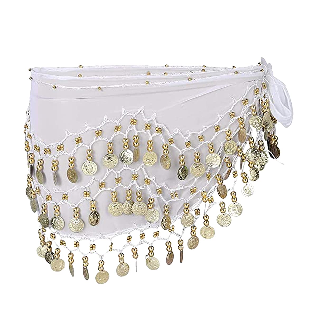 SamHeng Belly Dance Hip Scarf with 128 Dangling Gold Coins, Chiffon 3 Rows Belly Dance Skirt Wrap Belt, Belly Dance Costume Accessories for Women Girls